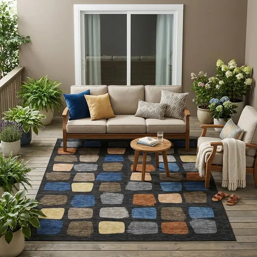 Black And Charcoal Geometric Washable Indoor Outdoor Area Rug Photo 1