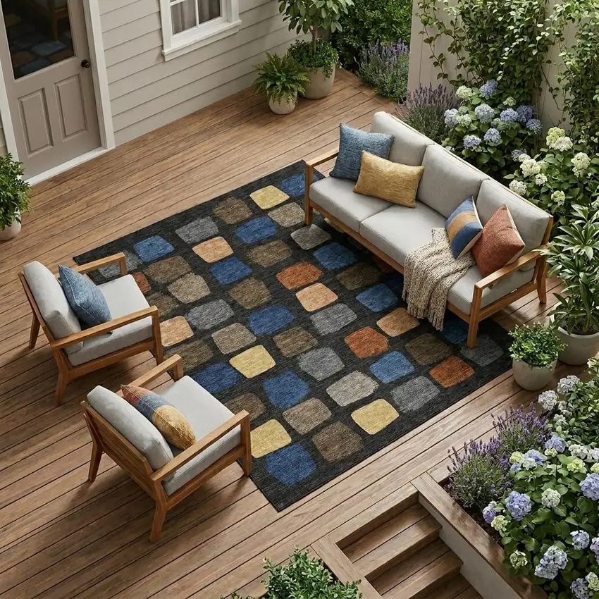 Black And Charcoal Geometric Washable Indoor Outdoor Area Rug Photo 1