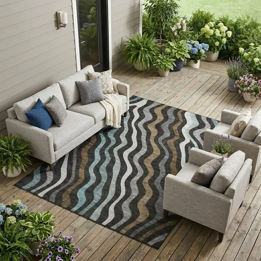 Black And Chocolate Abstract Washable Indoor Outdoor Area Rug Photo 1