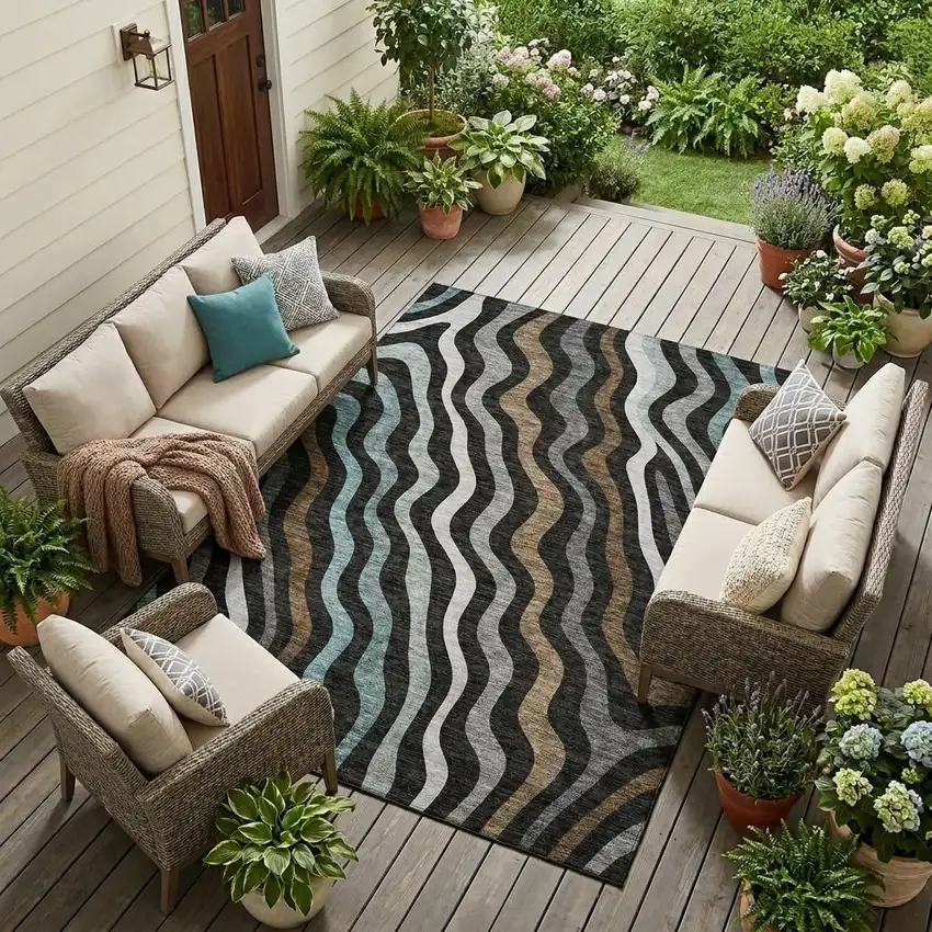 Black And Chocolate Abstract Washable Indoor Outdoor Area Rug Photo 1