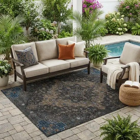 Black And Chocolate Medallion Washable Indoor Outdoor Area Rug Photo 1