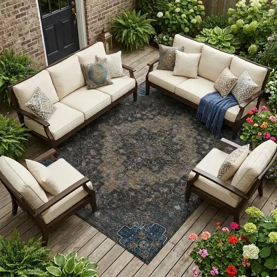 Black And Chocolate Medallion Washable Indoor Outdoor Area Rug Photo 1