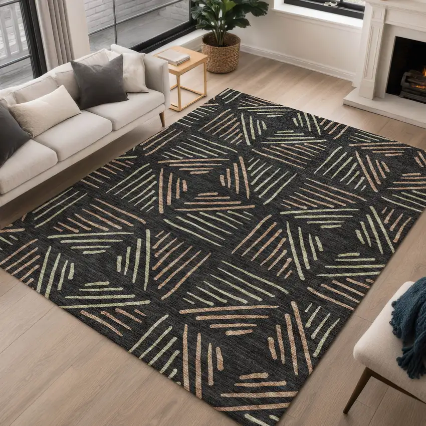 Black And Copper Geometric Washable Indoor Outdoor Area Rug Photo 5