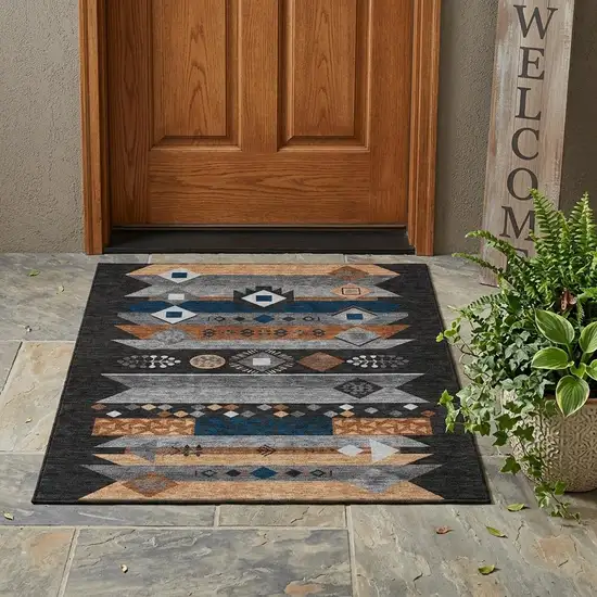 Black And Copper Geometric Washable Indoor Outdoor Area Rug Photo 1