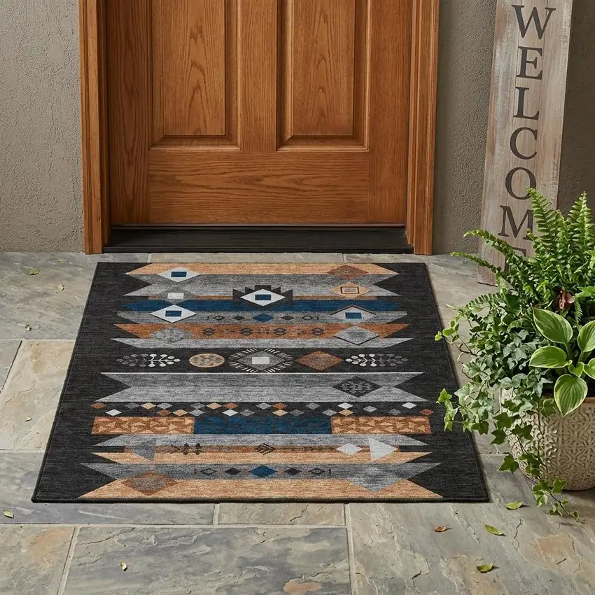Black And Copper Geometric Washable Indoor Outdoor Area Rug Photo 1
