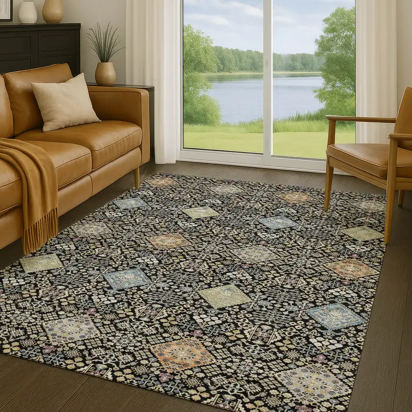 Black And Copper Oriental Washable Indoor Outdoor Area Rug Photo 5