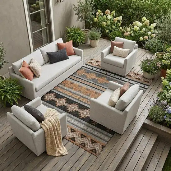 Black And Copper Southwestern Washable Indoor Outdoor Area Rug Photo 1