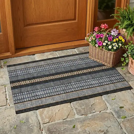 Black And Copper Striped Washable Indoor Outdoor Area Rug Photo 1