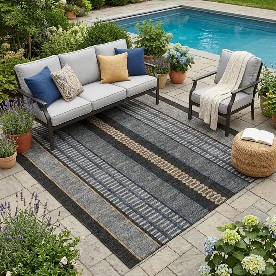 Black And Copper Striped Washable Indoor Outdoor Area Rug Photo 1