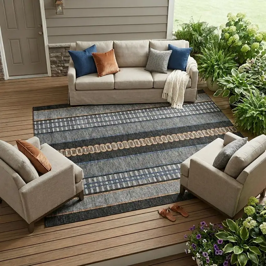Black And Copper Striped Washable Indoor Outdoor Area Rug Photo 1