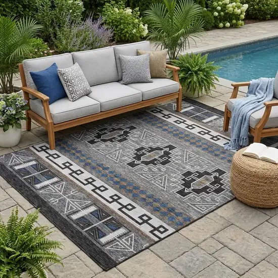 Black And Copper Tribal Washable Indoor Outdoor Area Rug Photo 1