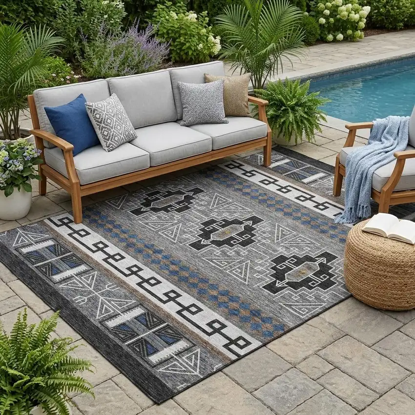 Black And Copper Tribal Washable Indoor Outdoor Area Rug Photo 1