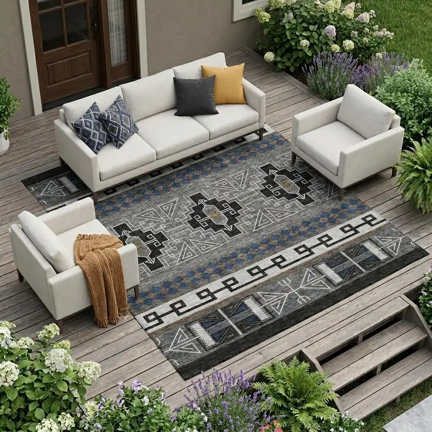 Black And Copper Tribal Washable Indoor Outdoor Area Rug Photo 1