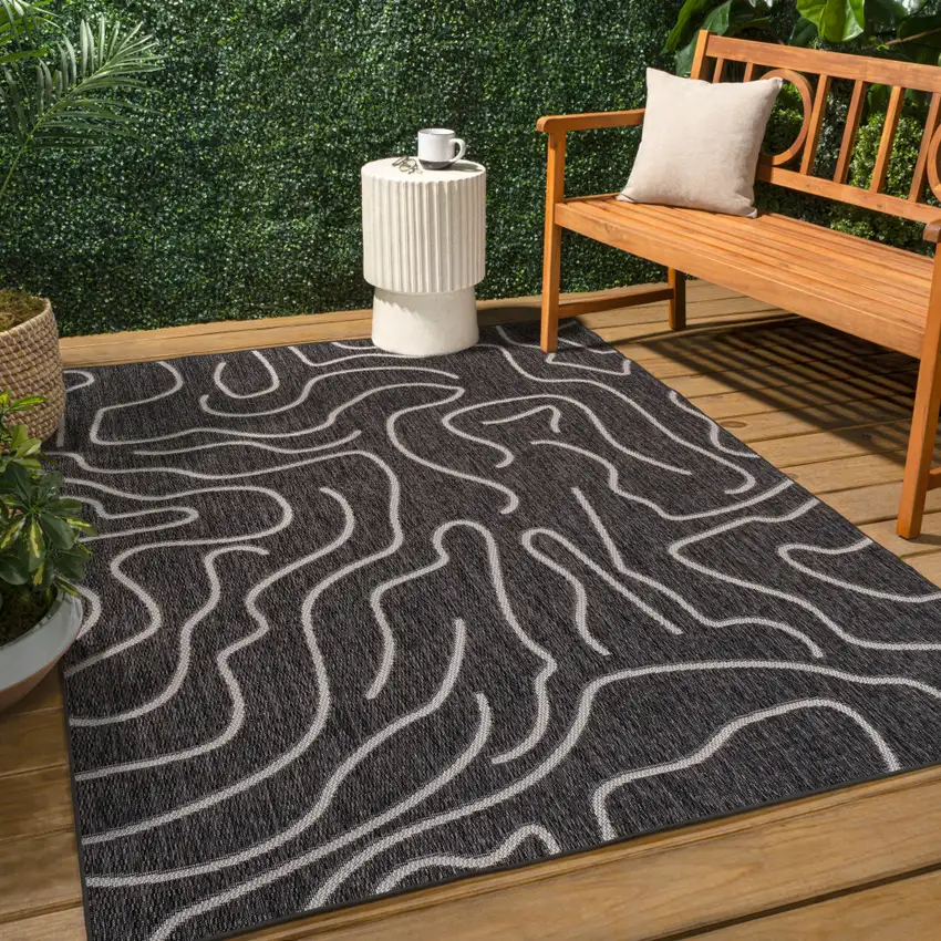 Black And Cream Abstract Indoor Outdoor Area Rug Photo 7