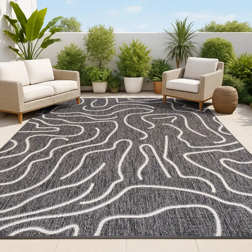 Black And Cream Abstract Indoor Outdoor Area Rug Photo 4