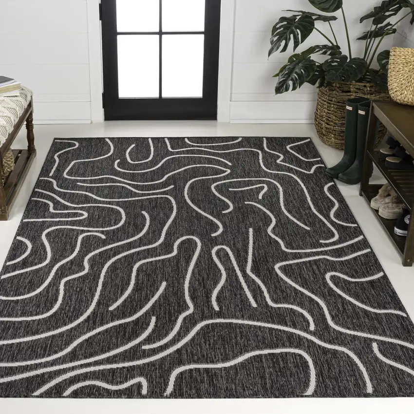 Black And Cream Abstract Indoor Outdoor Area Rug Photo 6
