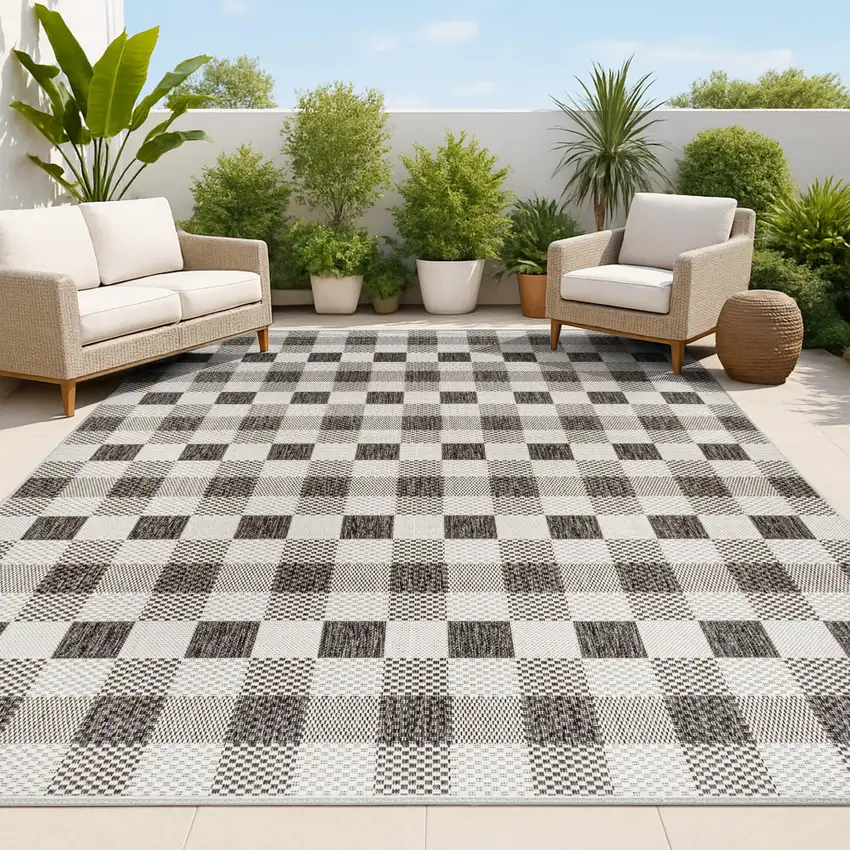 Black And Cream Geometric Indoor Outdoor Area Rug Photo 4