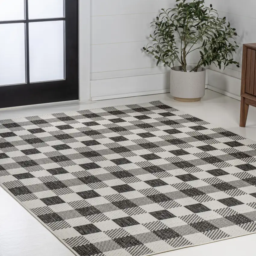 Black And Cream Geometric Indoor Outdoor Area Rug Photo 7