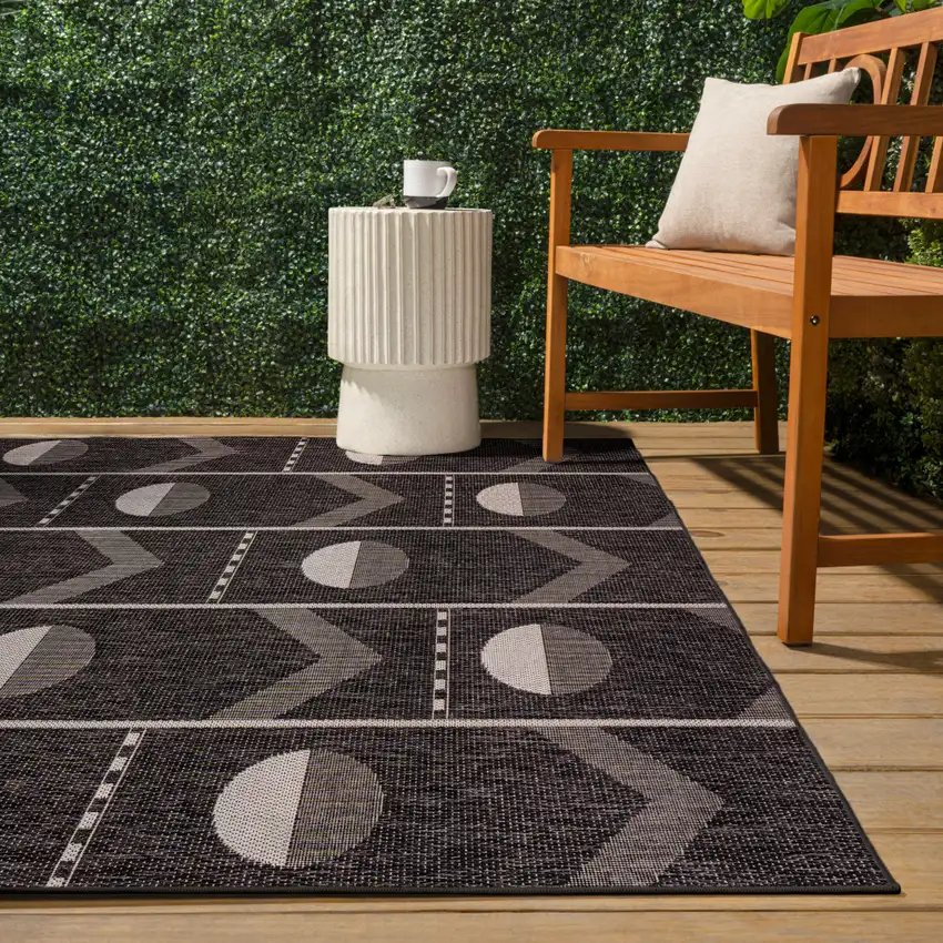 Black And Cream Geometric Indoor Outdoor Area Rug Photo 7