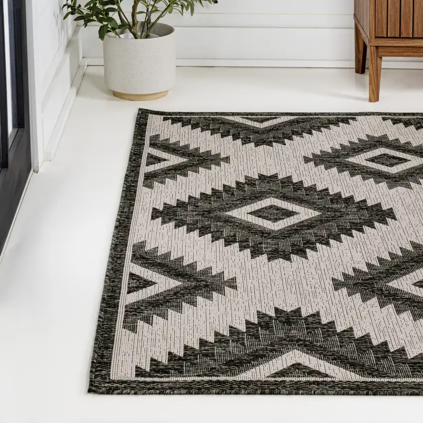 Black And Cream Moroccan Indoor Outdoor Area Rug Photo 6