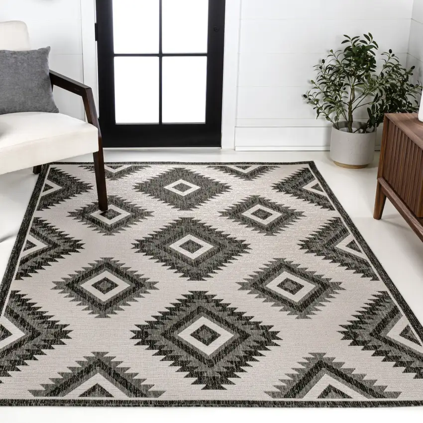 Black And Cream Moroccan Indoor Outdoor Area Rug Photo 7