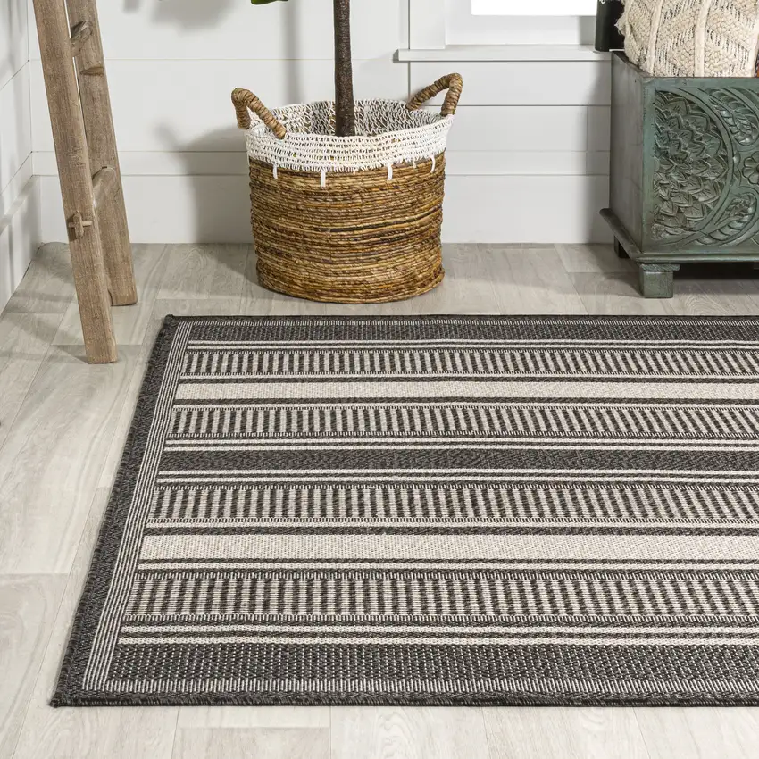 Black And Cream Striped Indoor Outdoor Area Rug Photo 6