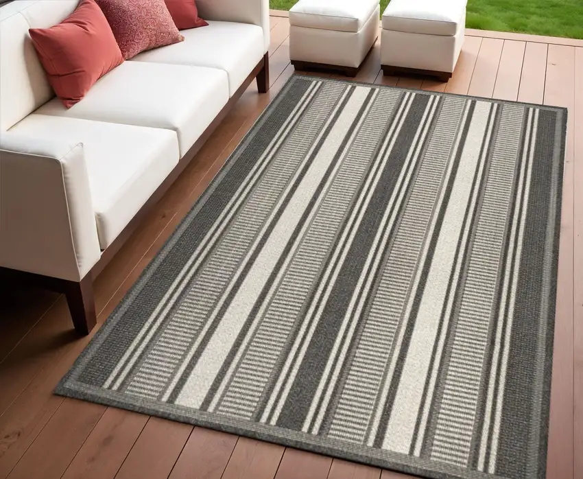 Black And Cream Striped Indoor Outdoor Area Rug Photo 1