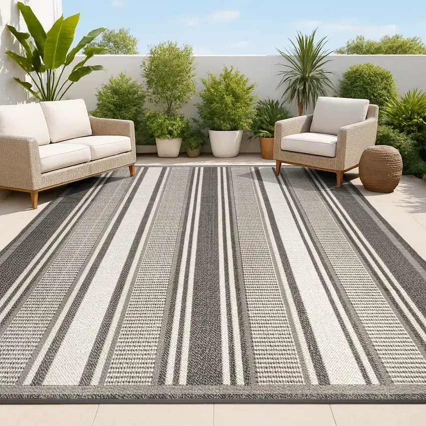 Black And Cream Striped Indoor Outdoor Area Rug Photo 4