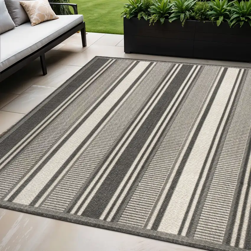 Black And Cream Striped Indoor Outdoor Area Rug Photo 1