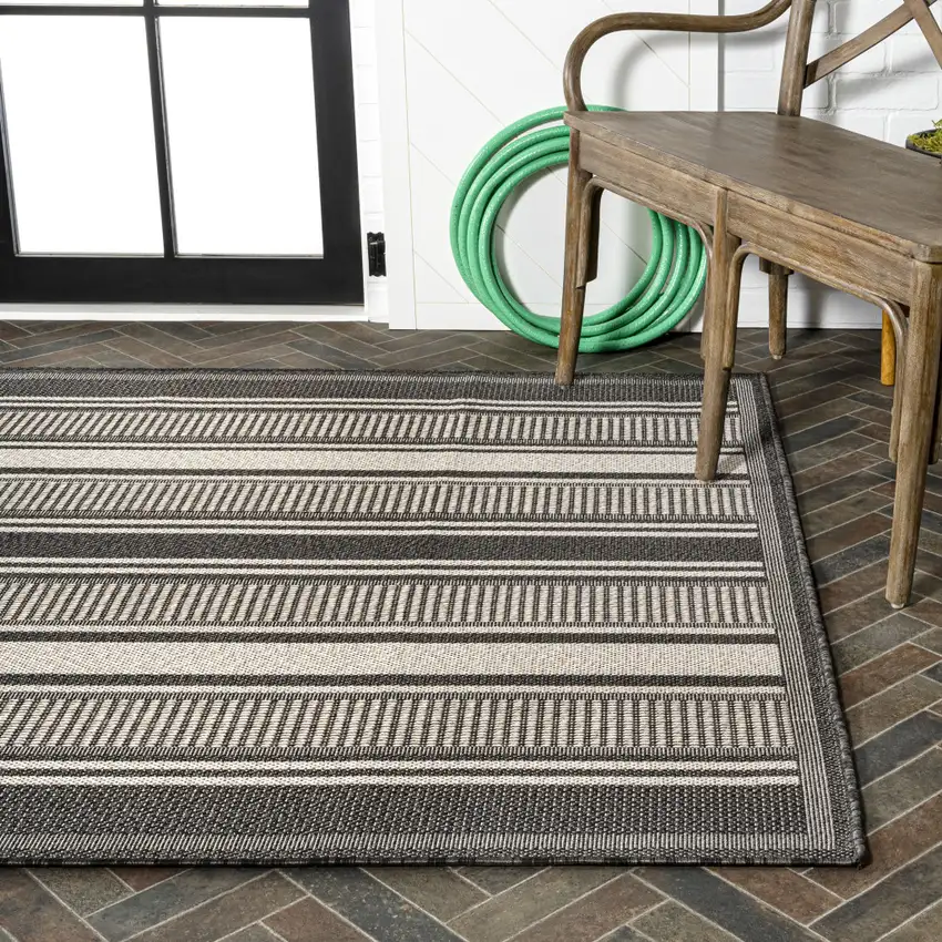 Black And Cream Striped Indoor Outdoor Area Rug Photo 9