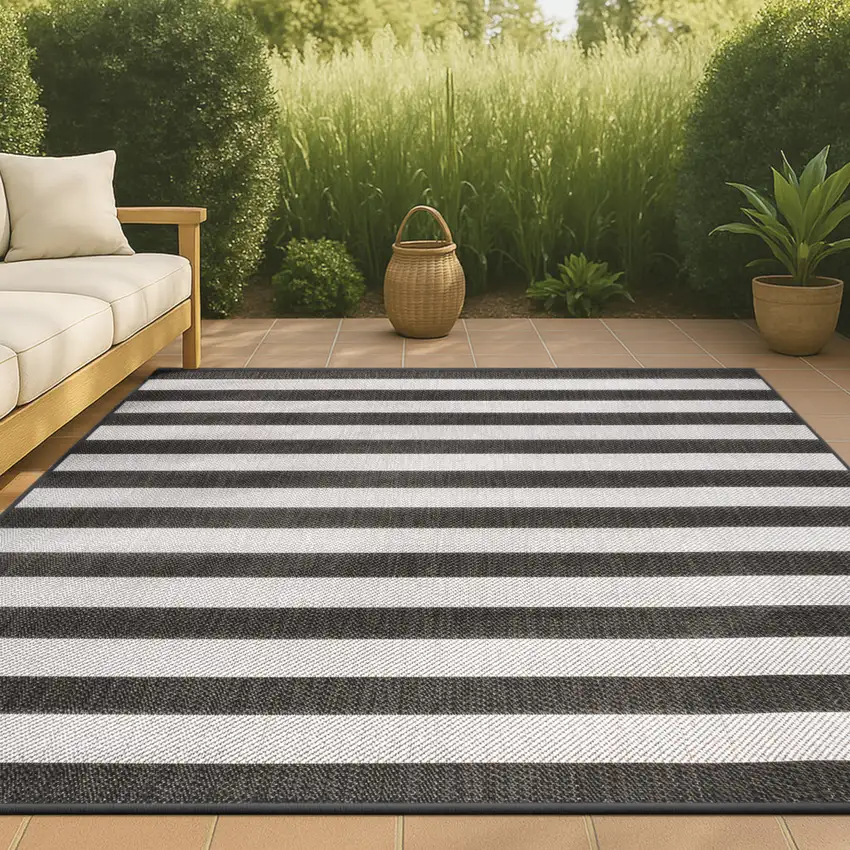 Black And Cream Striped Indoor Outdoor Area Rug Photo 4
