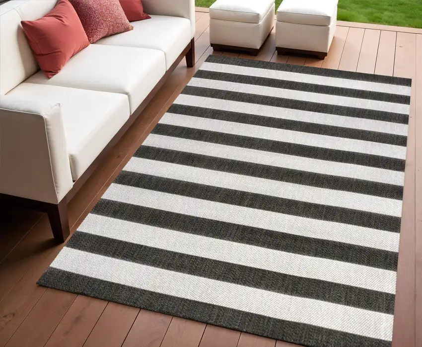 Black And Cream Striped Indoor Outdoor Area Rug Photo 1