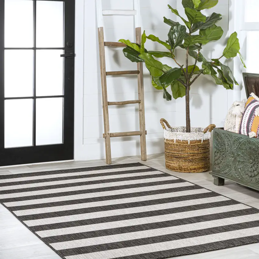 Black And Cream Striped Indoor Outdoor Area Rug Photo 8