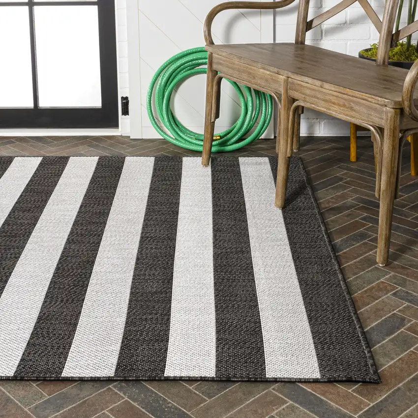 Black And Cream Striped Indoor Outdoor Area Rug Photo 9