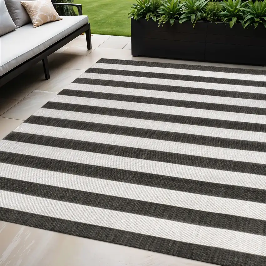 Black And Cream Striped Indoor Outdoor Area Rug Photo 6