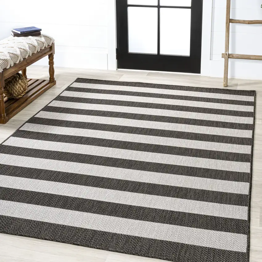 Black And Cream Striped Indoor Outdoor Area Rug Photo 5