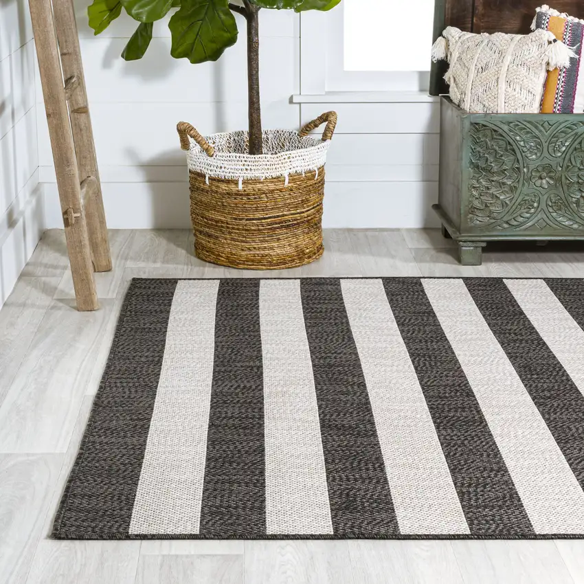 Black And Cream Striped Indoor Outdoor Area Rug Photo 6