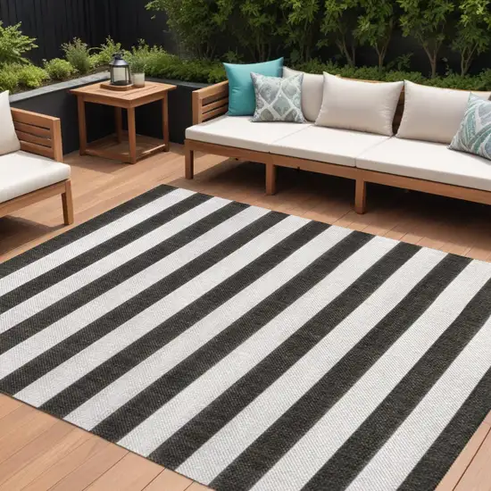 Black And Cream Striped Indoor Outdoor Area Rug Photo 1