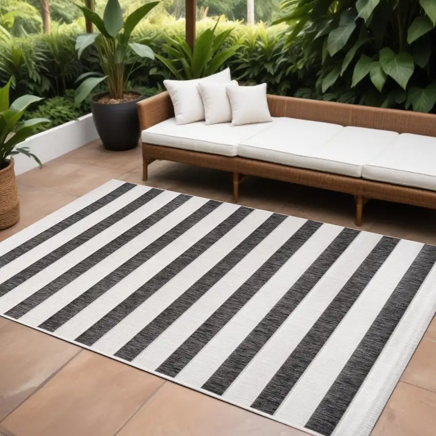 Black And Cream Striped Indoor Outdoor Area Rug Photo 1
