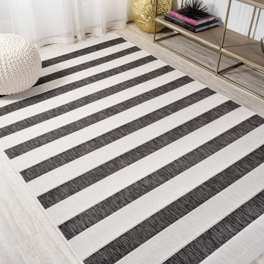 Black And Cream Striped Indoor Outdoor Area Rug Photo 5