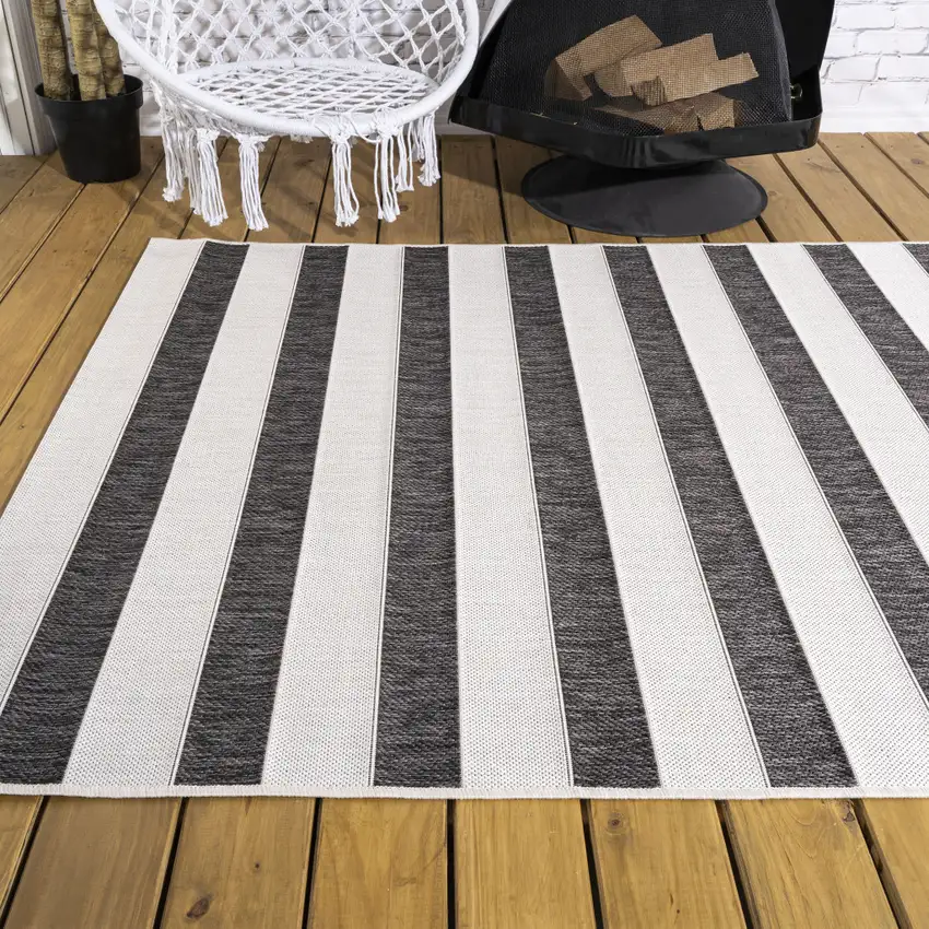 Black And Cream Striped Indoor Outdoor Area Rug Photo 8