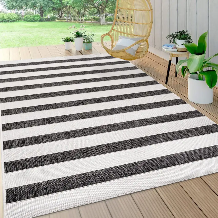 Black And Cream Striped Indoor Outdoor Area Rug Photo 6