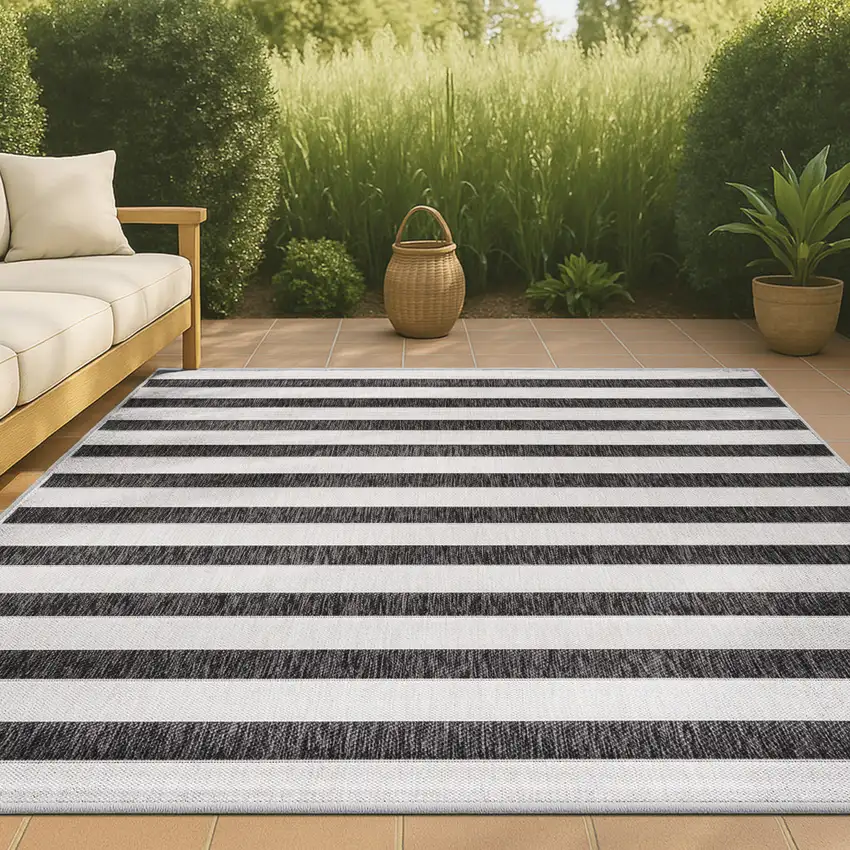 Black And Cream Striped Indoor Outdoor Area Rug Photo 2