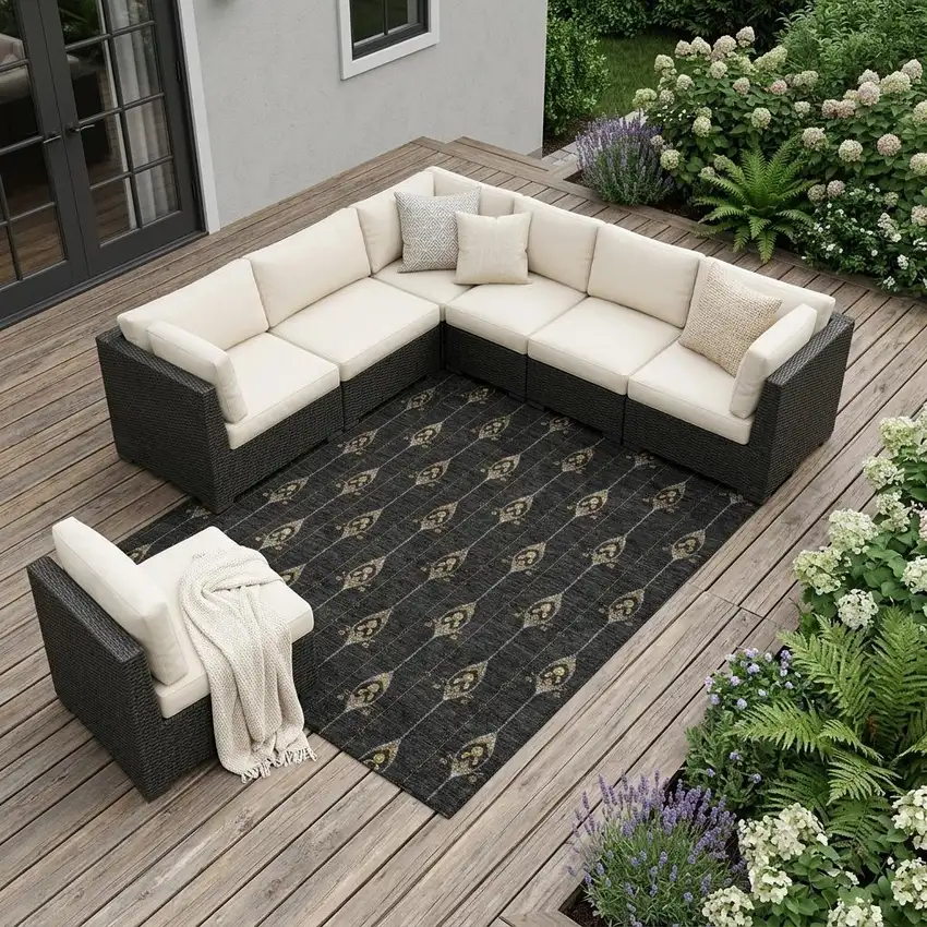 Black And Denim Blue Geometric Washable Indoor Outdoor Area Rug Photo 1