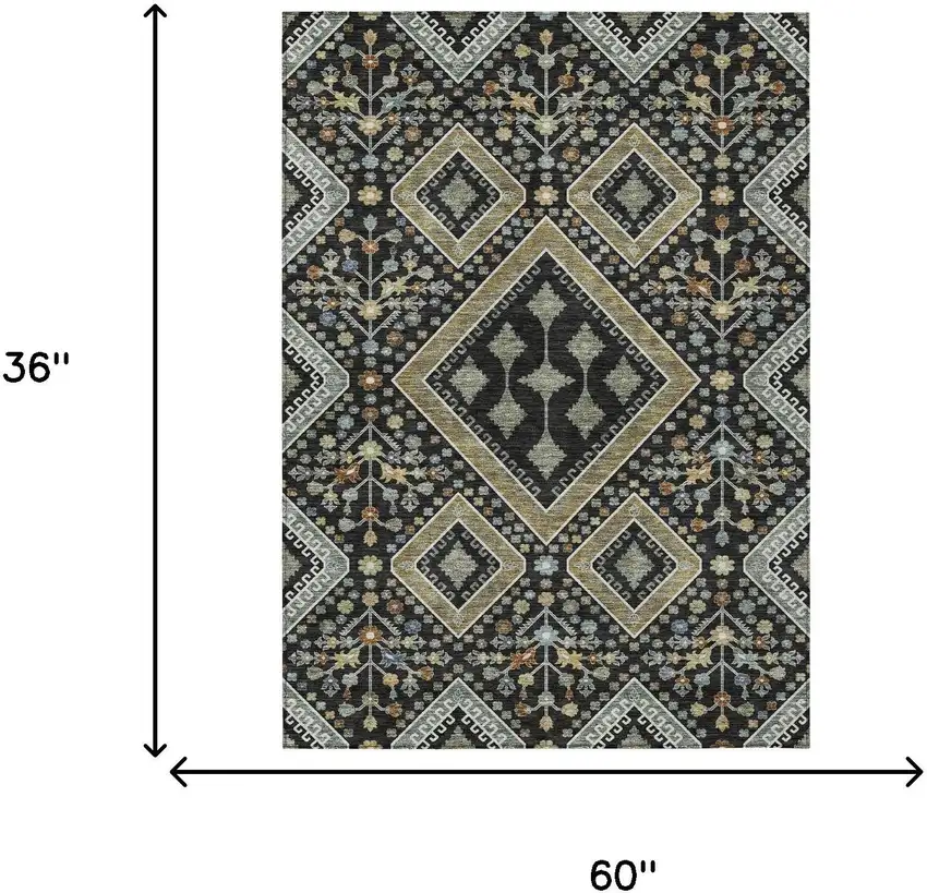 Black And Fern Green Medallion Washable Indoor Outdoor Area Rug Photo 9