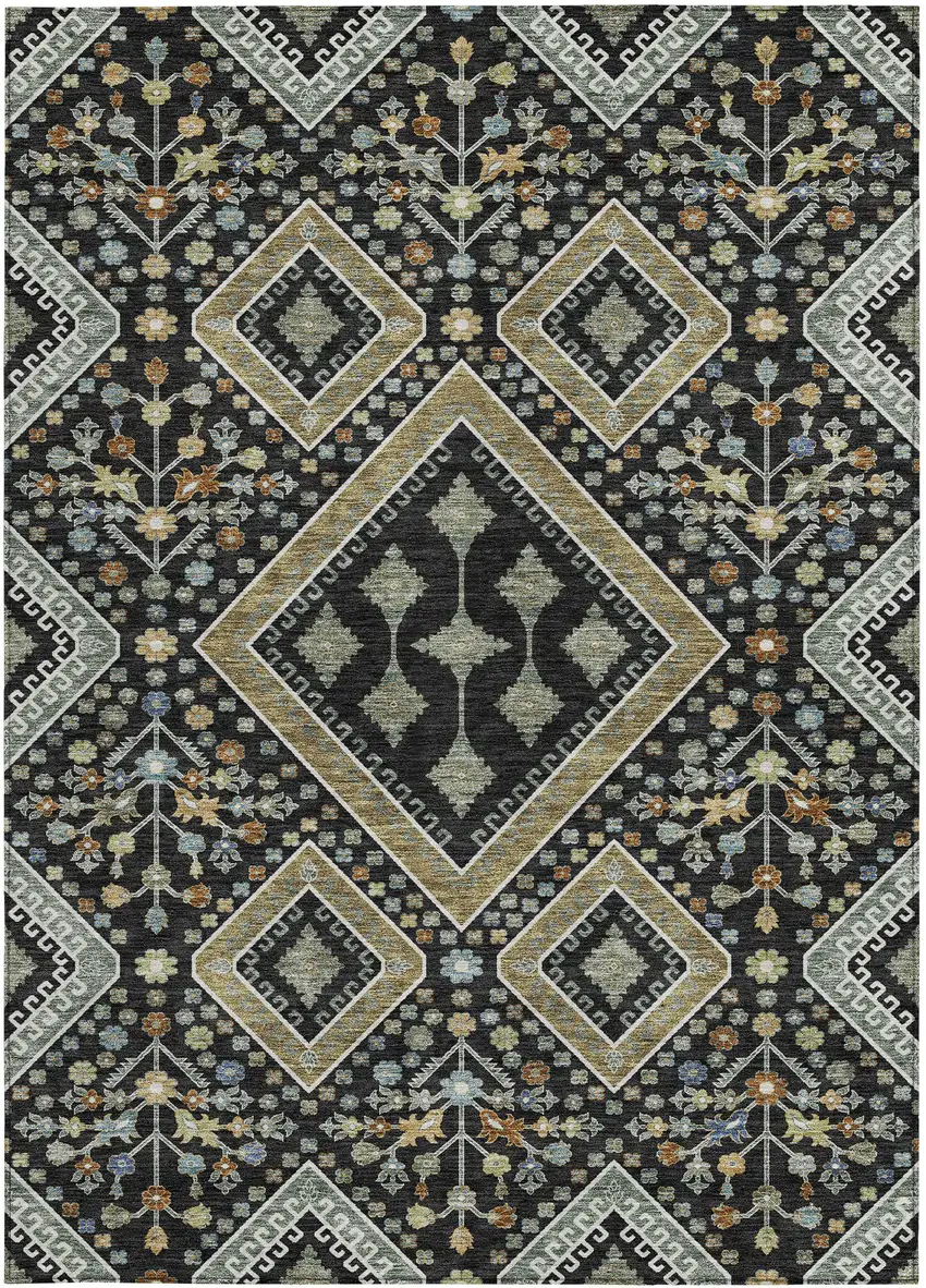Black And Fern Green Medallion Washable Indoor Outdoor Area Rug Photo 3