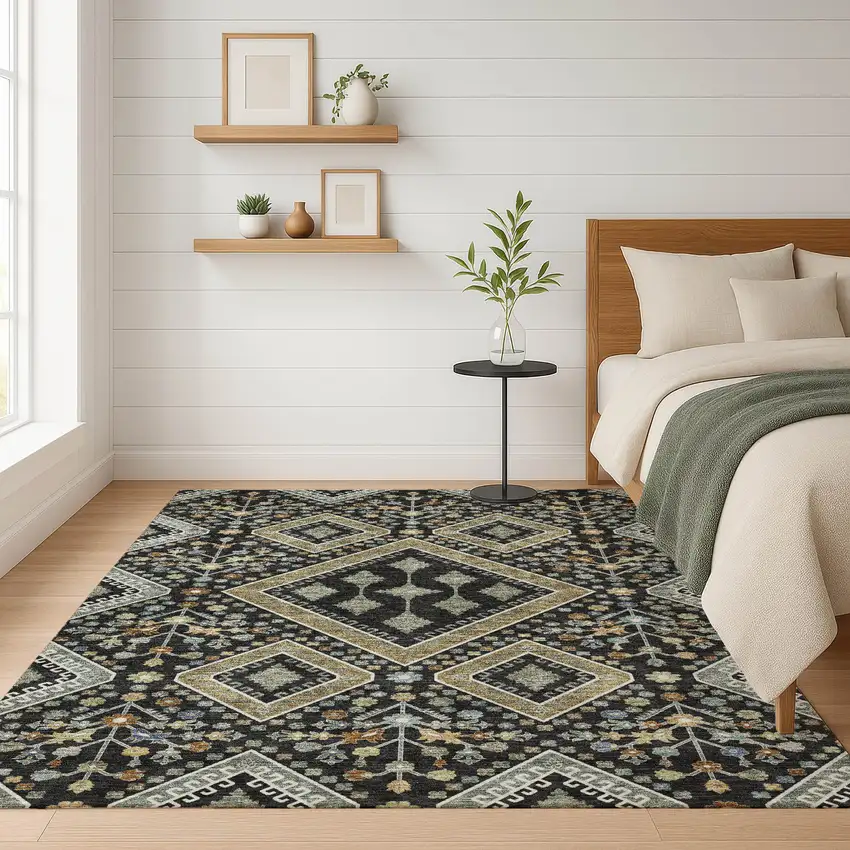 Black And Fern Green Medallion Washable Indoor Outdoor Area Rug Photo 6