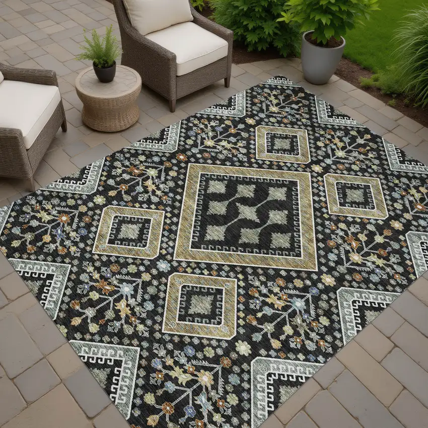 Black And Fern Green Medallion Washable Indoor Outdoor Area Rug Photo 7