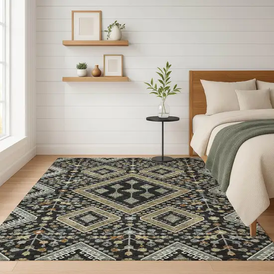 Black And Fern Green Medallion Washable Indoor Outdoor Area Rug Photo 6