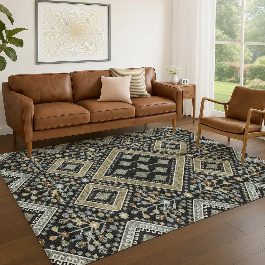 Black And Fern Green Medallion Washable Indoor Outdoor Area Rug Photo 5